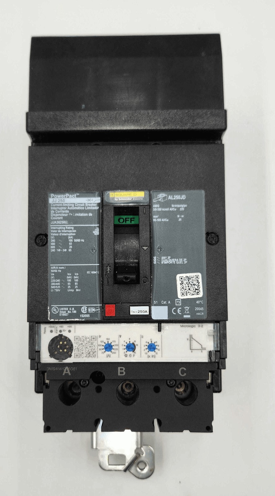 250 Amps, Square D #JJA36250U, Circuit Breaker, 3-Pole, 600 Volts