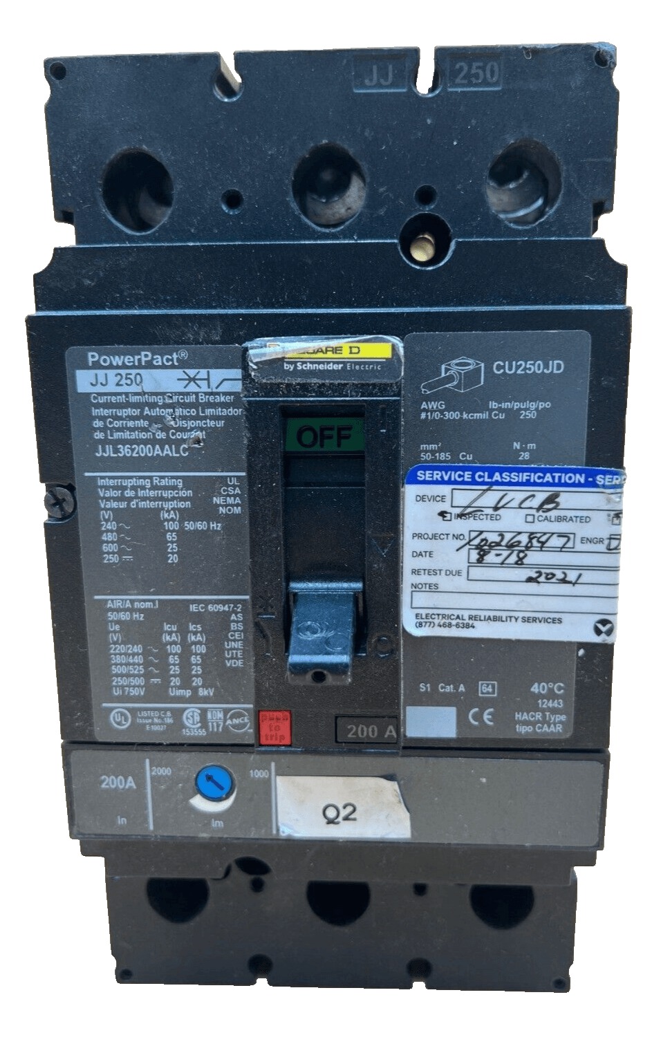 200 Amps, Square D #JJL36200AALC, Circuit Breaker, 3-Pole, 600 Volts, Lug to Lug