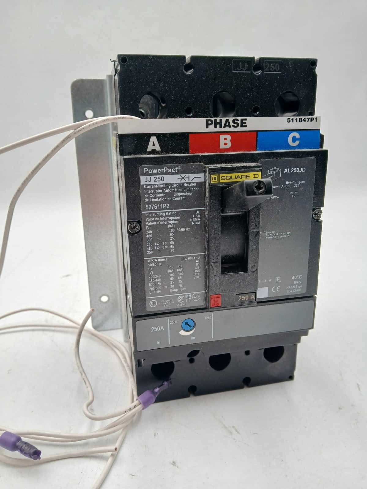 250 Amps, Square D #JJL36250, Circuit Breaker, 3-Pole, 600 Volts, Shunt Trip