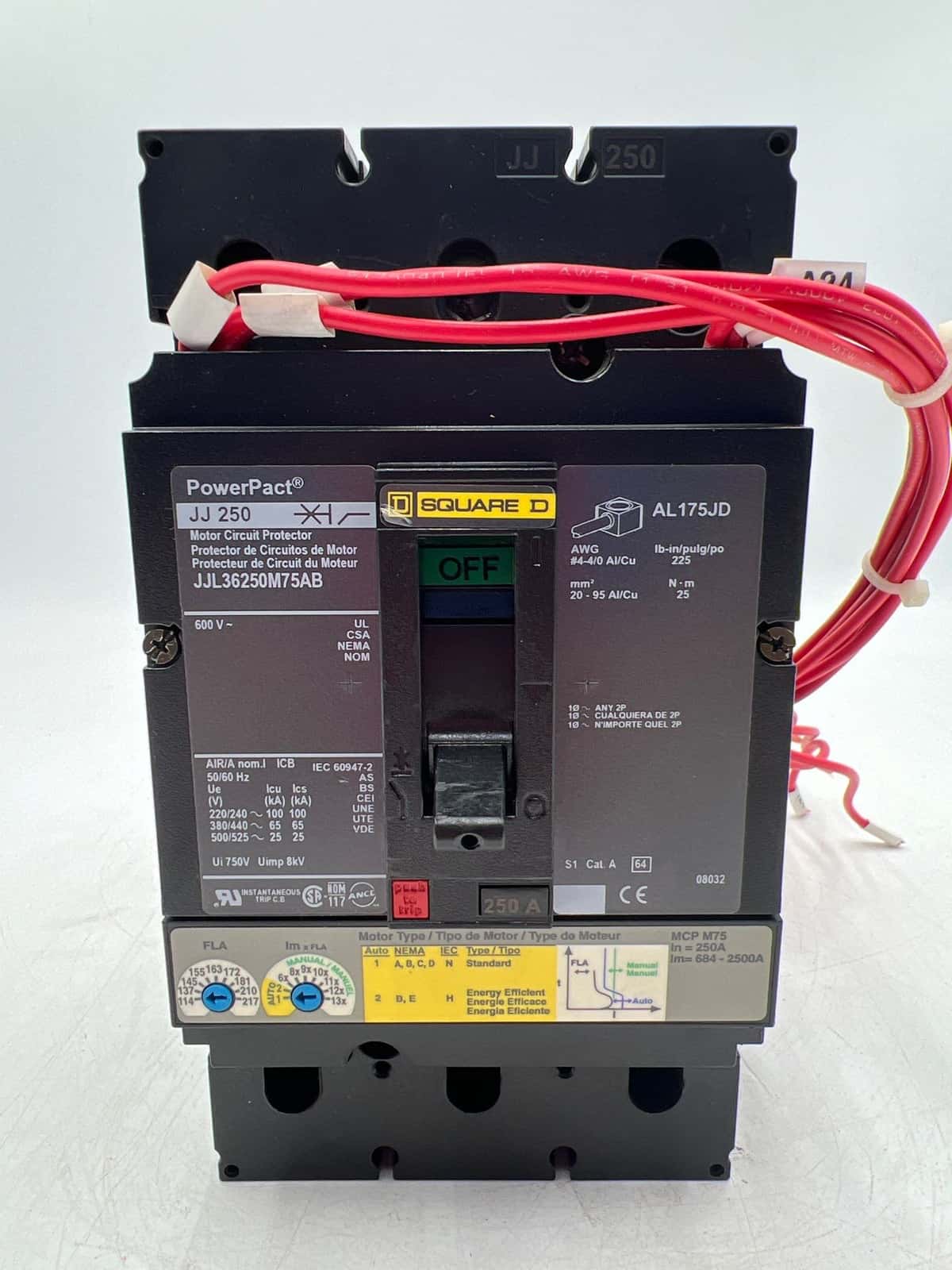 250 Amps, Square D #JJL36250M75AB, PowerPact Circuit Breaker, 3-Pole, 600 Volts