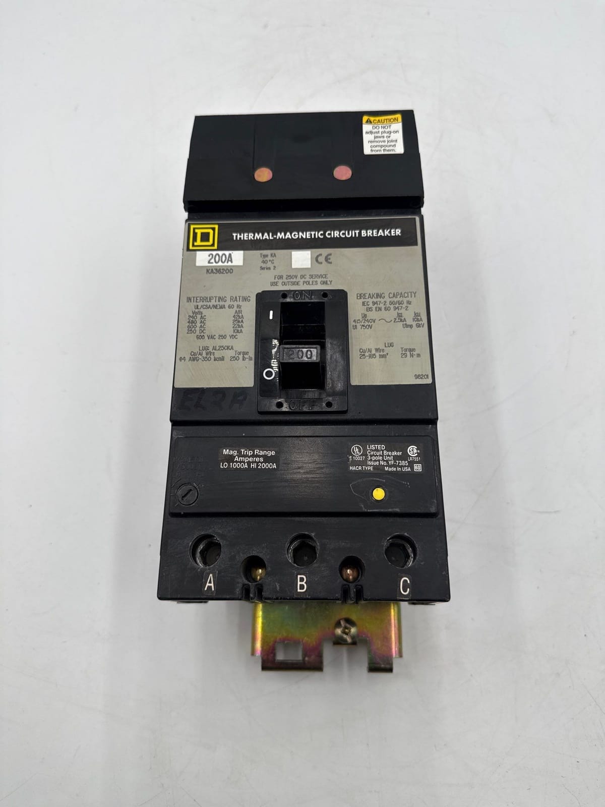 200 Amps, Square D #KA36200, I-Line Circuit Breaker, 3-Pole, 600 Volts