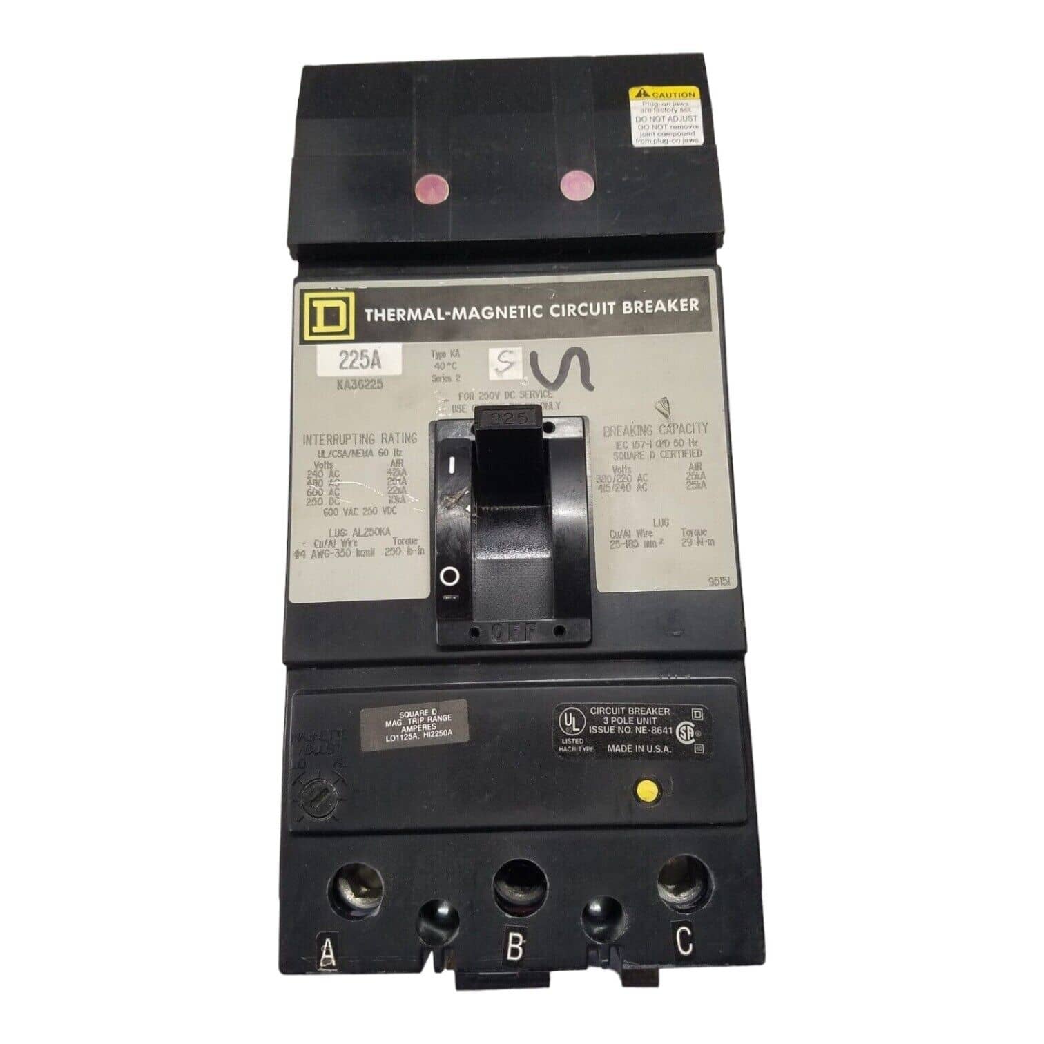 225 Amps, Square D #KA36225, I-Line Circuit Breaker, 3-Pole, 600 Volts (2 available)