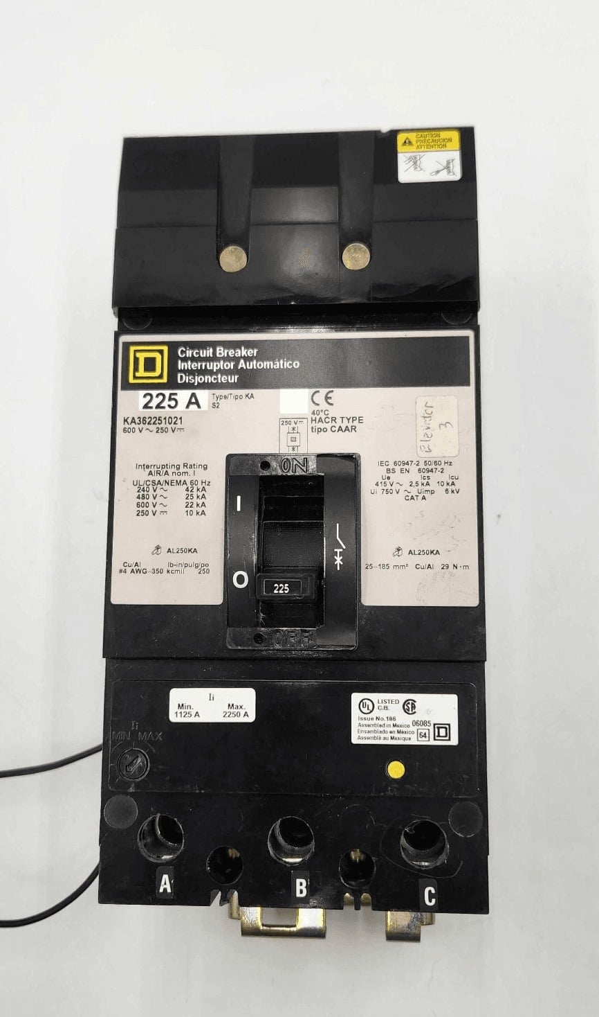225 Amps, Square D #KA362251021, Circuit Breaker, 3-Pole, 600 Volts, Shunt Trip