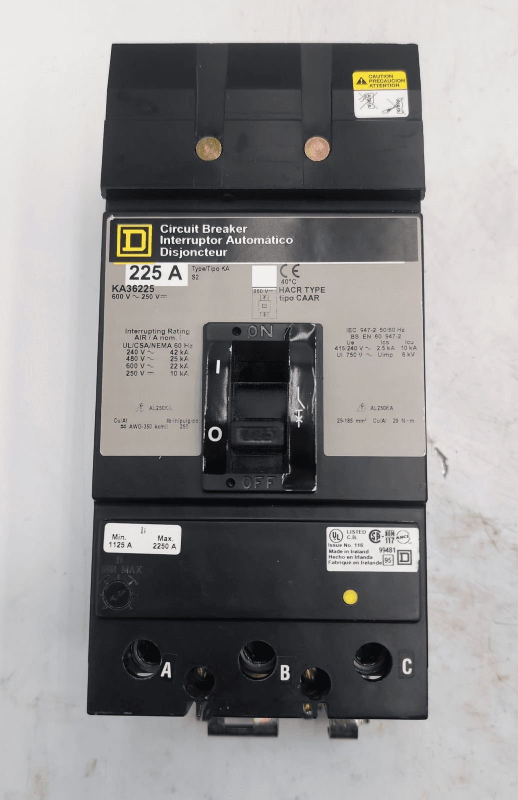 225 Amps, Square D #KA36235, I-Line Circuit Breaker, 3-Pole, 600 Volts