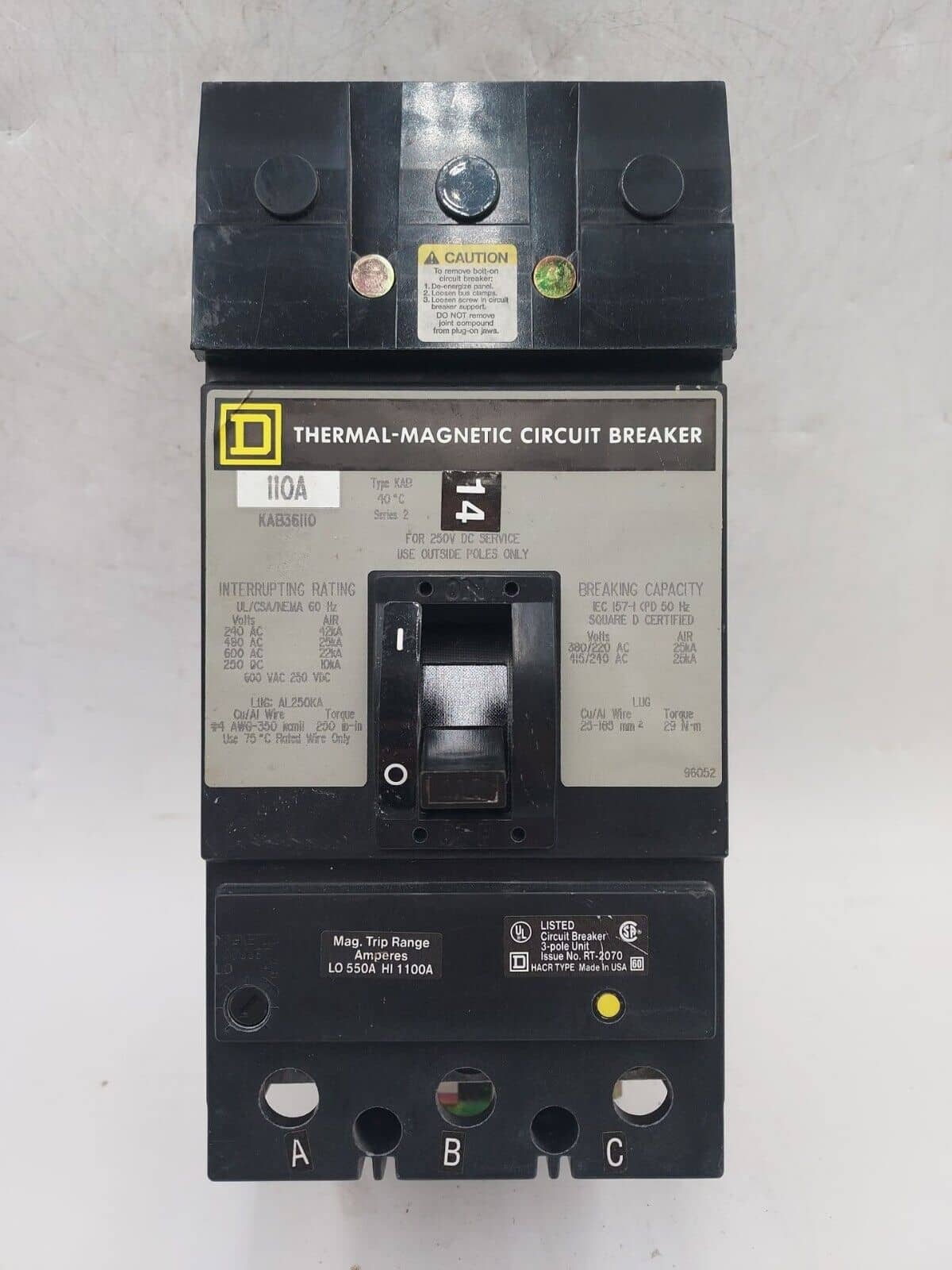 110 Amps, Square D #KAB36110, I-Line Circuit Breaker, 3-Pole, 600 Volts