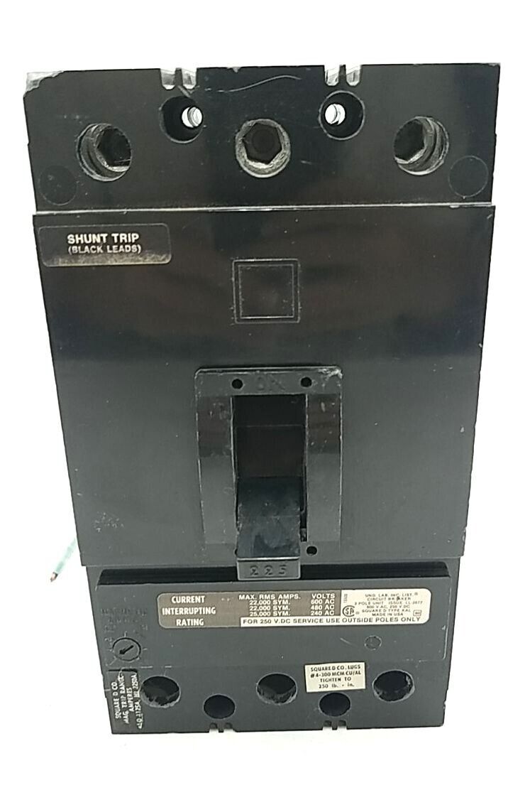 225 Amps, Square D #KAL362256139, Circuit Breaker, 3-Pole, 600 Volts, Shunt Trip, Bolt-On