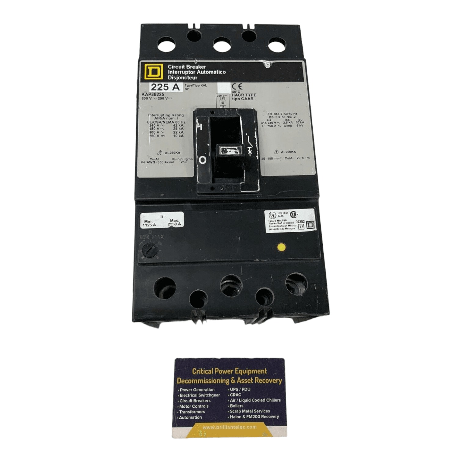 225 Amps, Square D #KAP36225, Circuit Breaker, 3-Pole, 600 Volts, Bolt-On