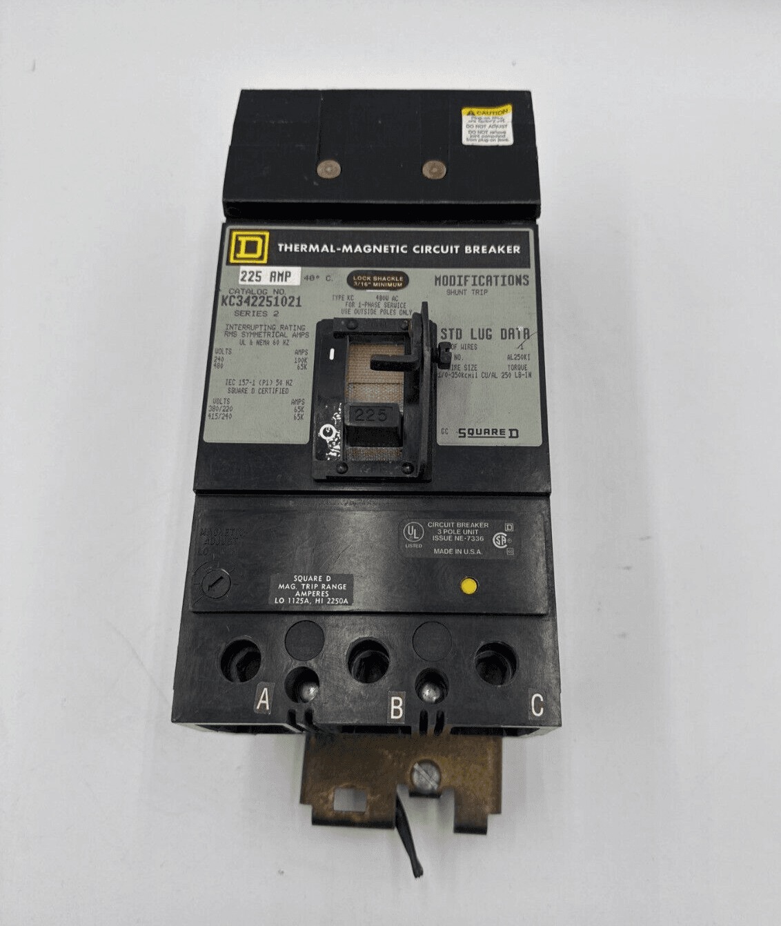 225 Amps, Square D #KC342251021, I-Line Circuit Breaker, 3-Pole, 480 Volts, Shunt Trip