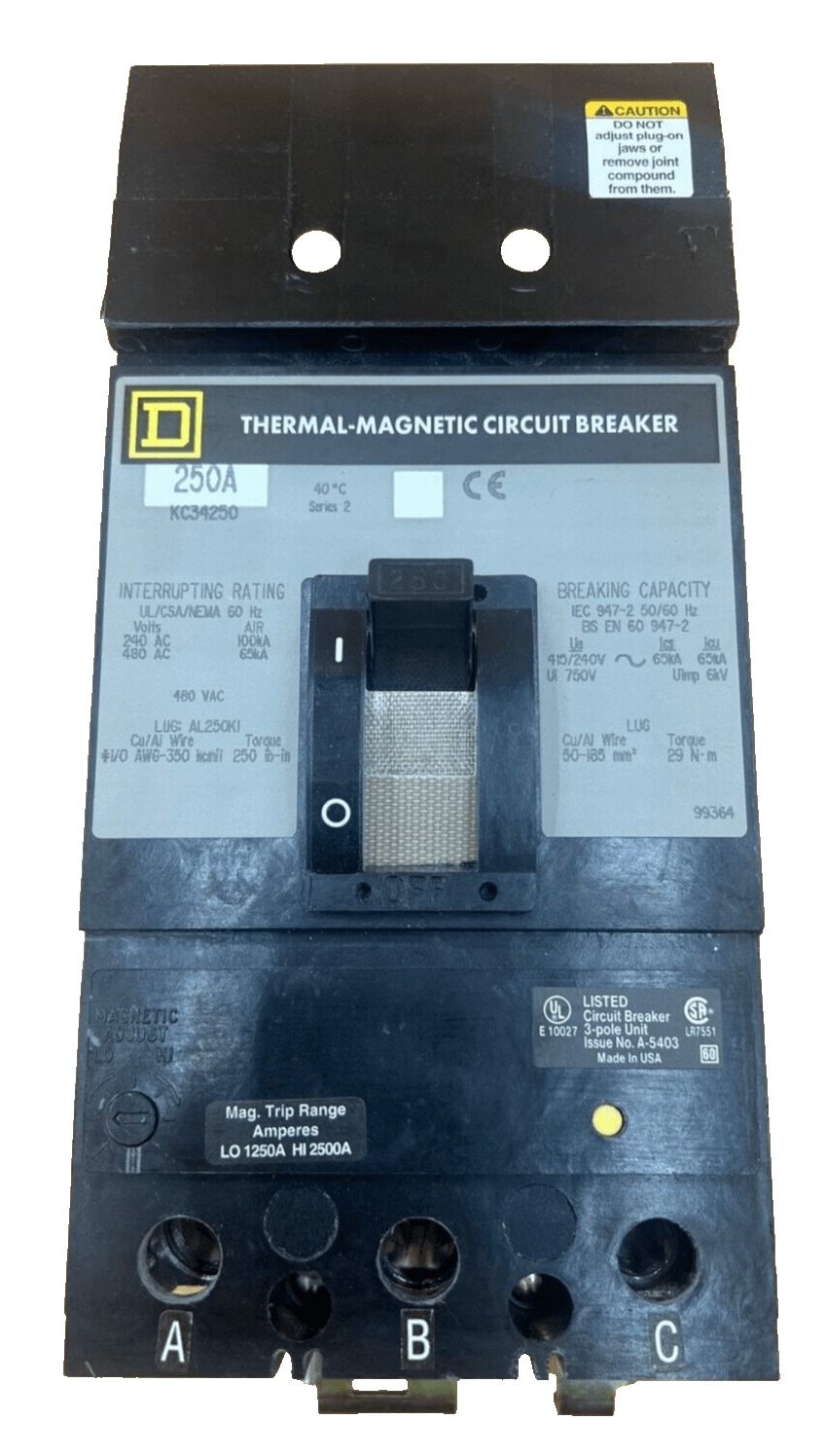 250 Amps, Square D #KC34250, I-Line Circuit Breaker, 3-Pole, 480 Volts