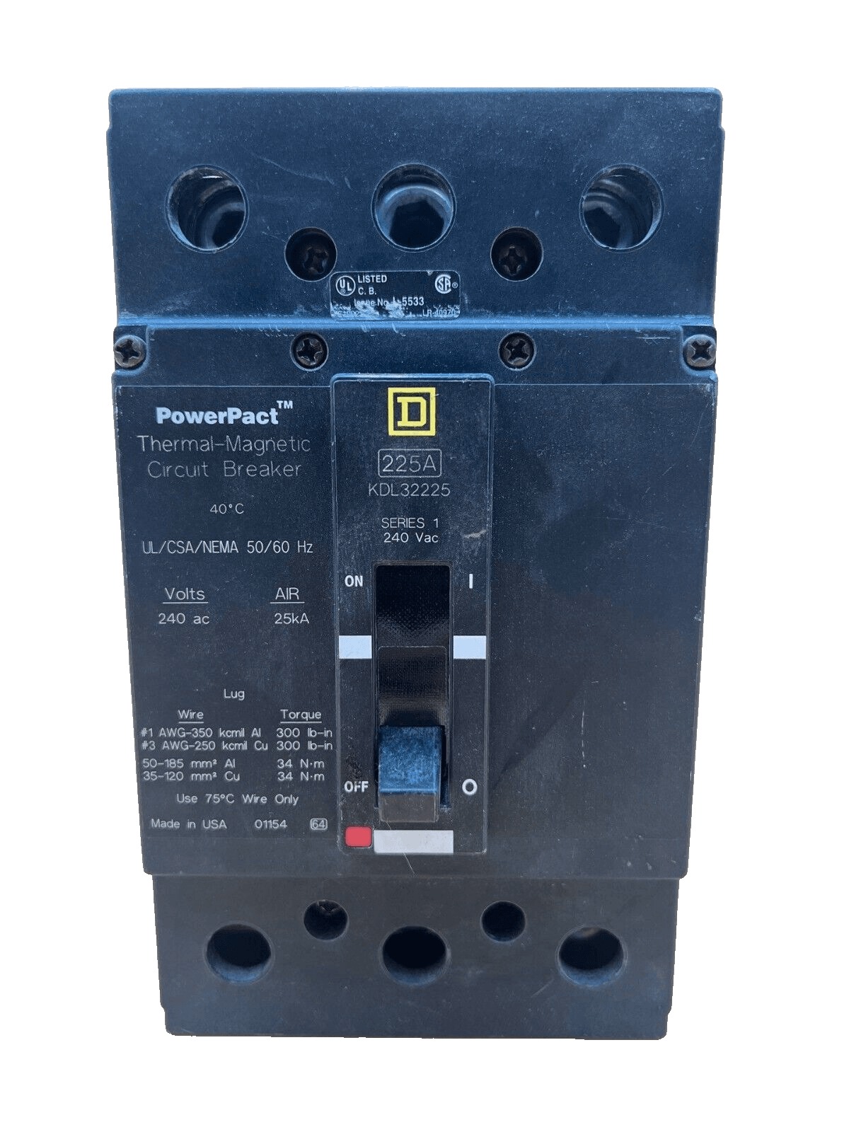225 Amps, Square D #KDL32225, Circuit Breaker, 3-Pole, 240 Volts, Lug to Lug