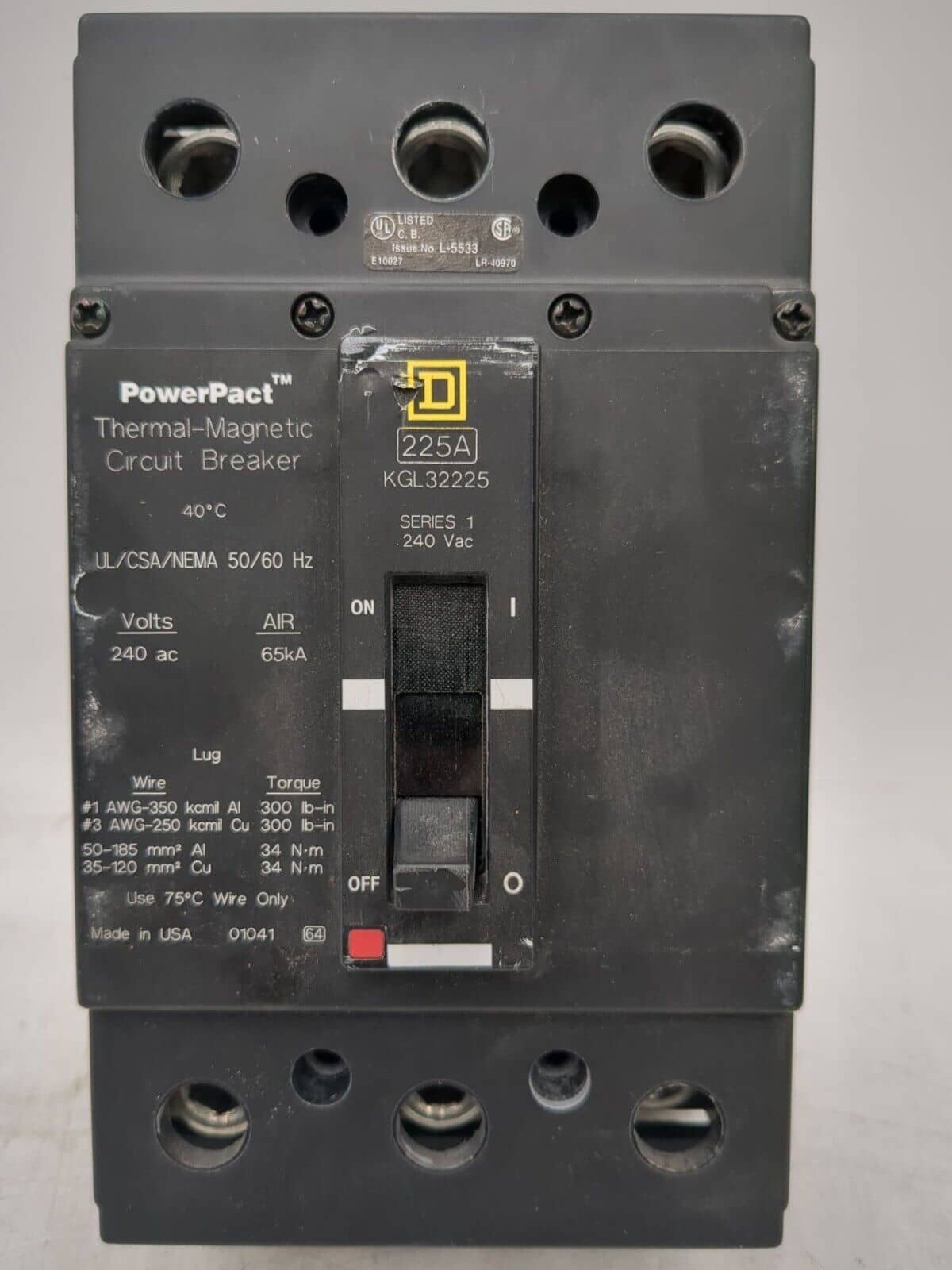 225 Amps, Square D #KGL32225, Circuit Breaker, 3-Pole, 240 Volts, Bolt-On