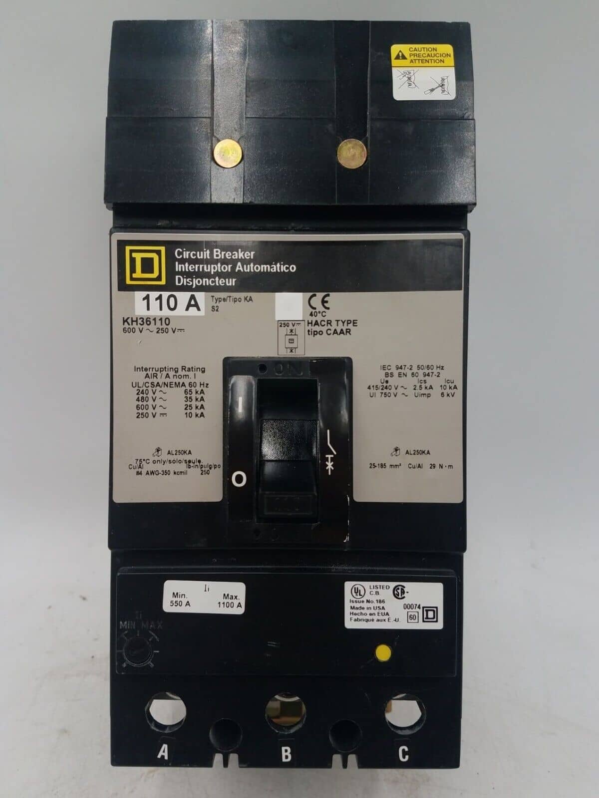 110 Amps, Square D #KH36110, I-Line Circuit Breaker, 3-Pole, 600 Volts