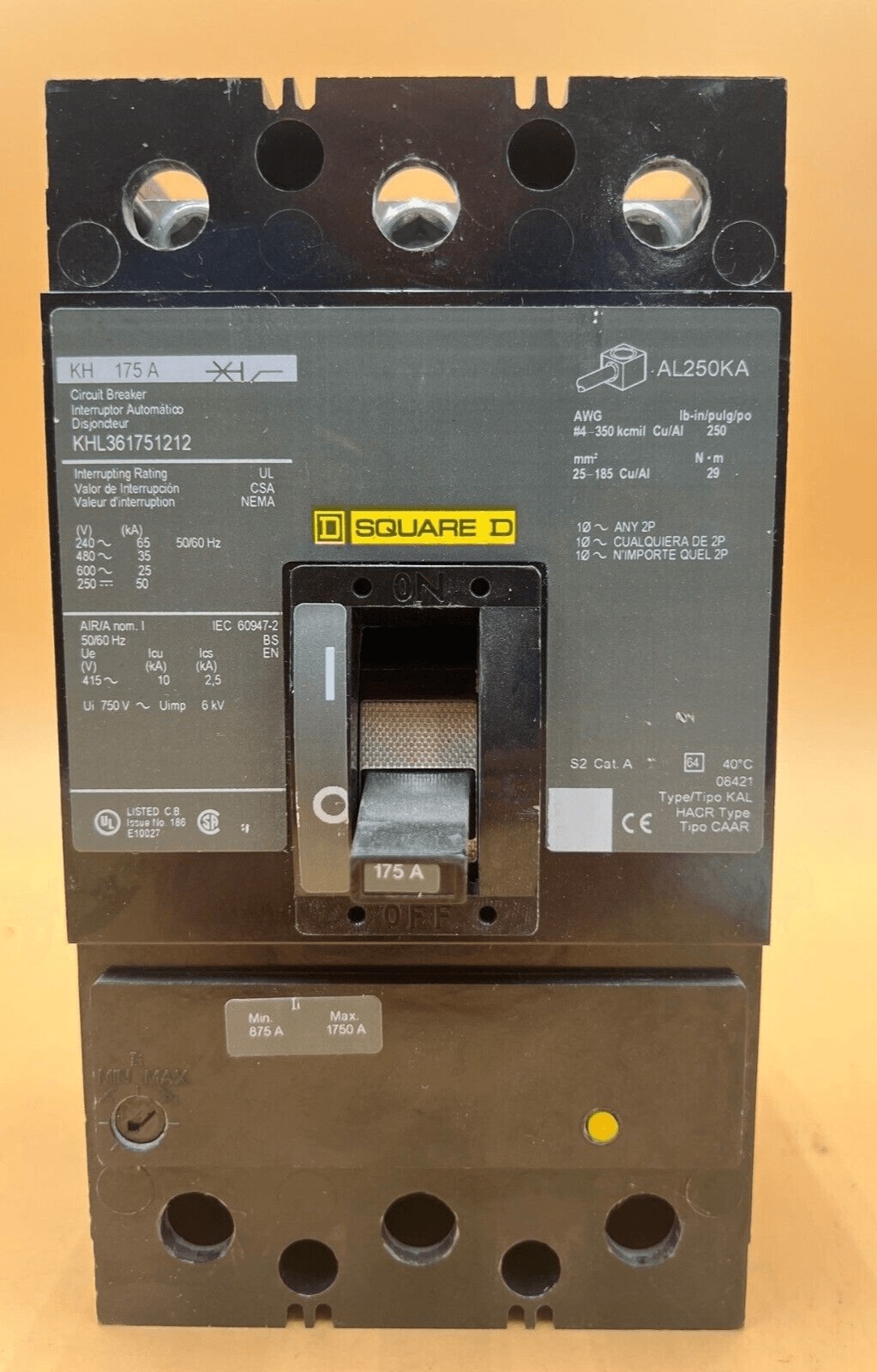 175 Amps, Square D #KHL361751212, Circuit Breaker, 3-Pole, 600 Volts, Bolt-On