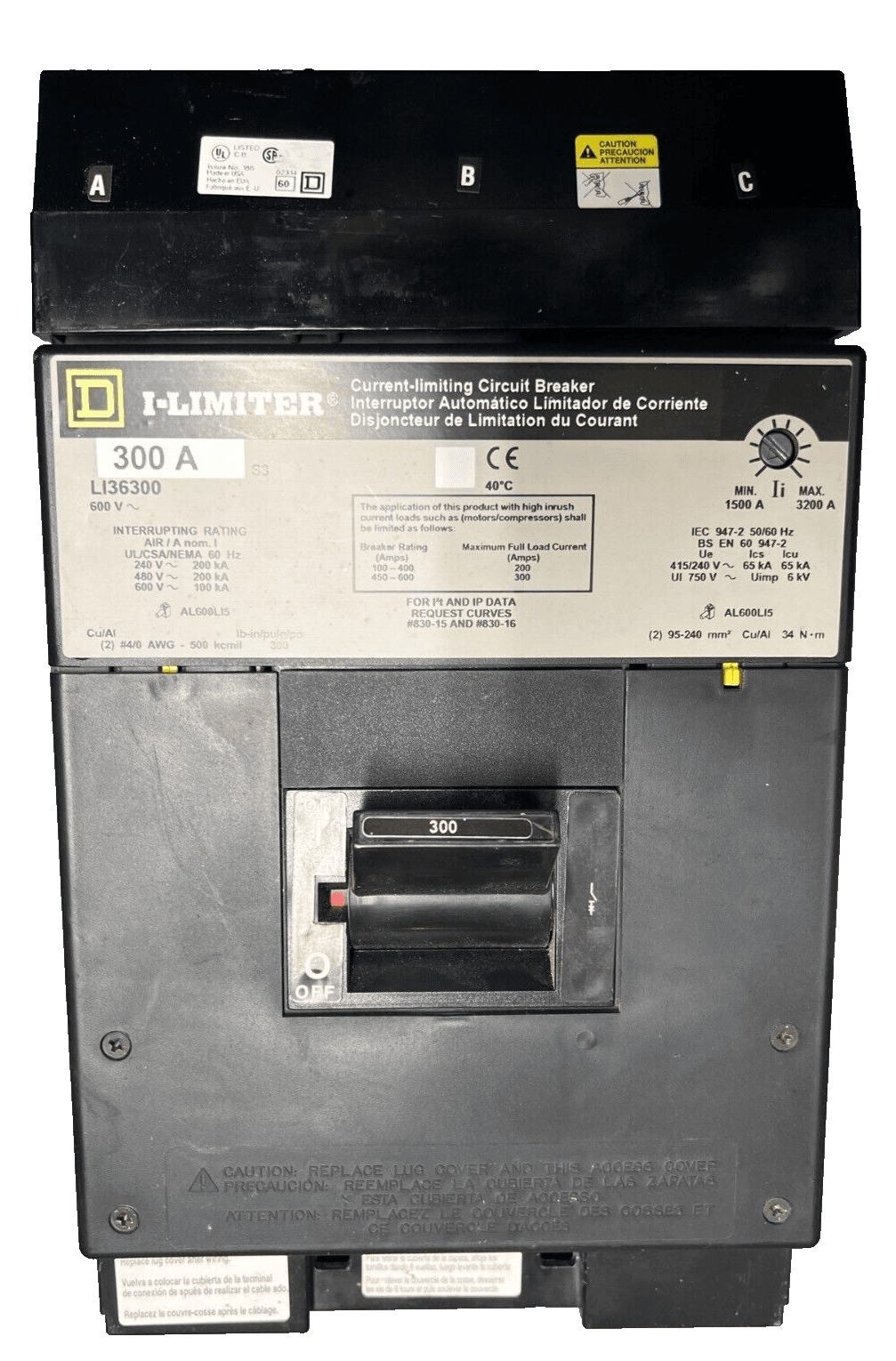 300 Amps, Square D #LI36300, I-Line Circuit Breaker, 3-Pole, 600 Volts