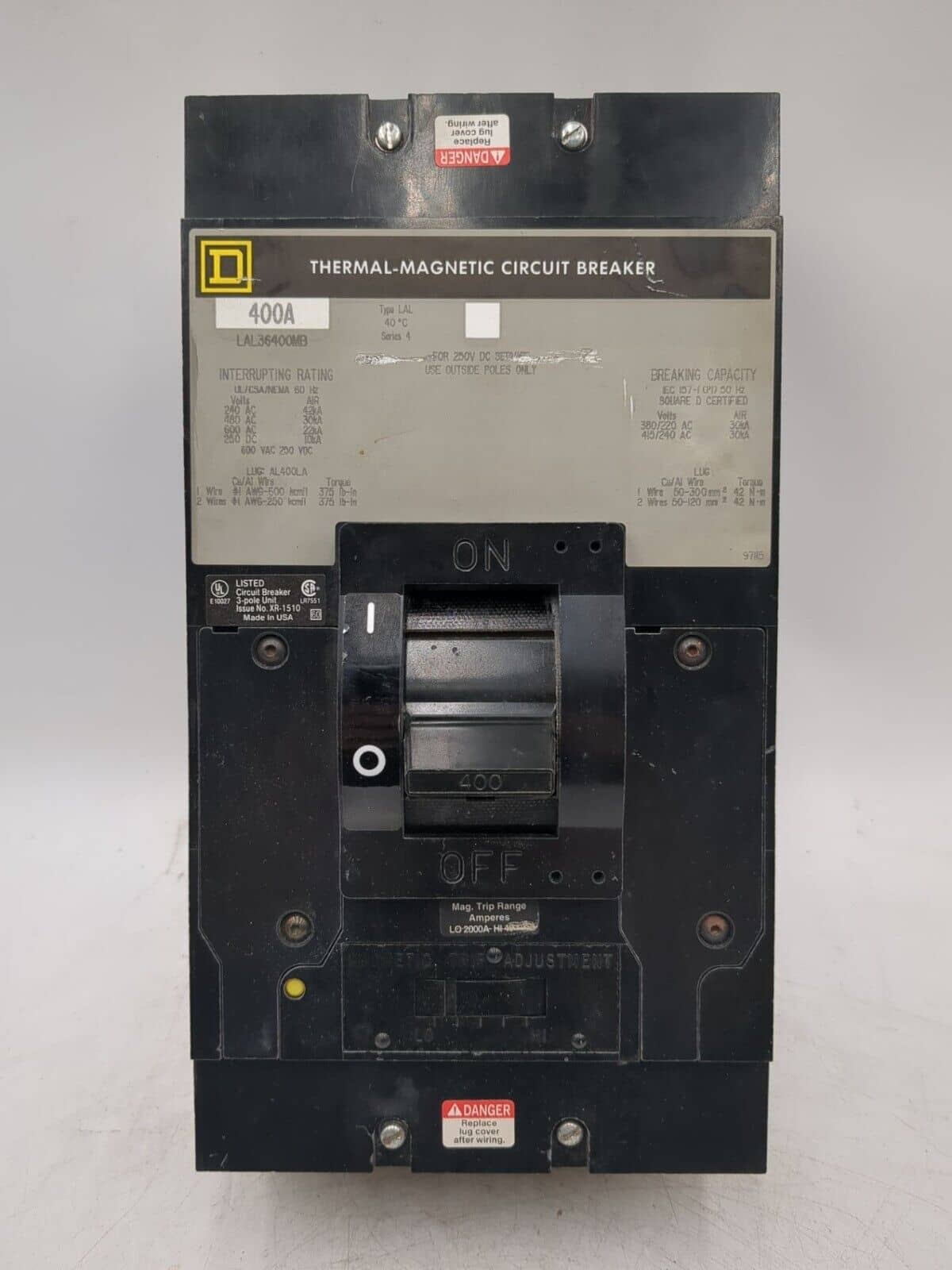 400 Amps, Square D #LAL, Circuit Breaker, 3-Pole, 600 Volts