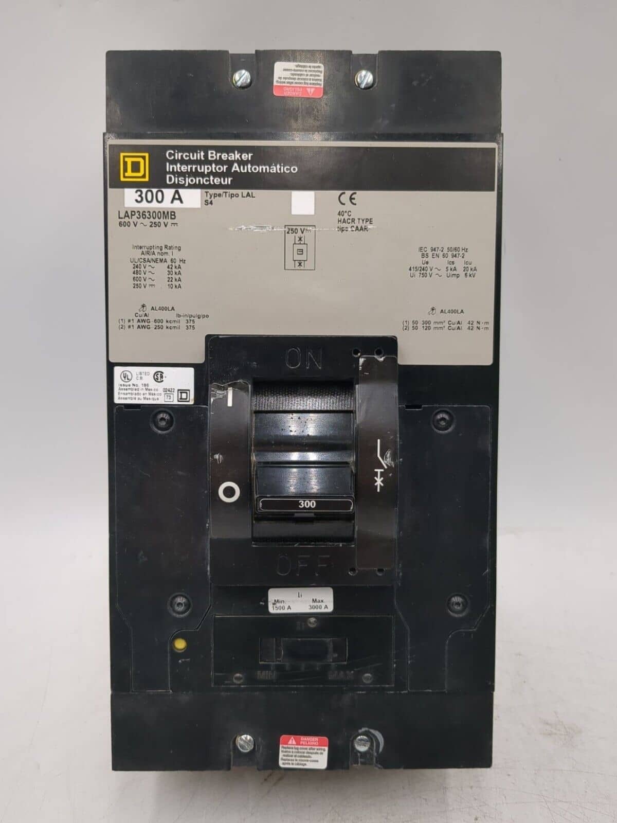 300 Amps, Square D #LAP36300MB, Circuit Breaker, 3-Pole, 600 Volts, Bolt-On