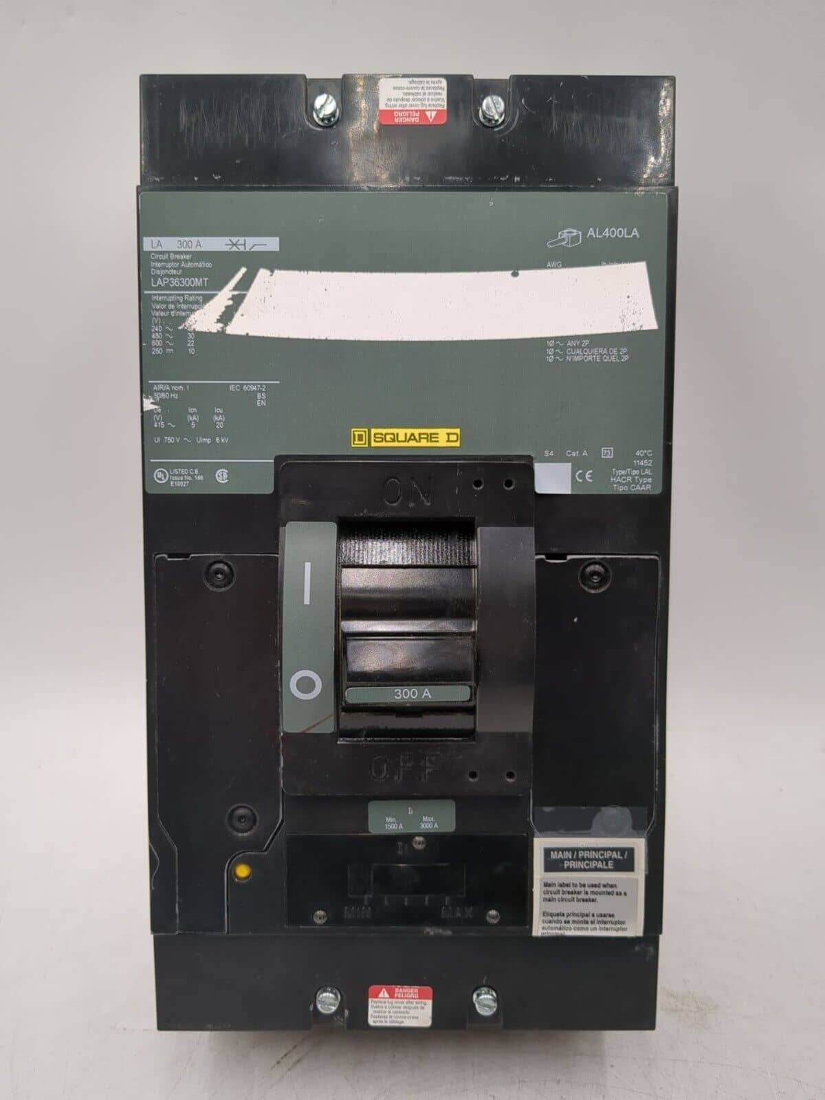 300 Amps, Square D #LAP36300MT, Circuit Breaker, 3-Pole, 600 Volts, Bolt-On