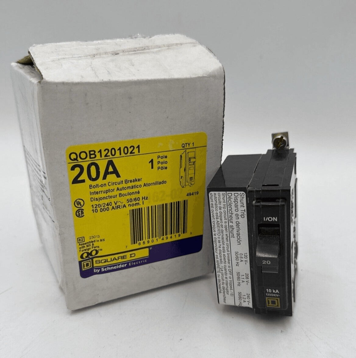 20 Amps, Square D #QOB1201021, Circuit Breaker, 1-Pole, 240/120 Volts, Shunt Trip, Bolt-On, NEW