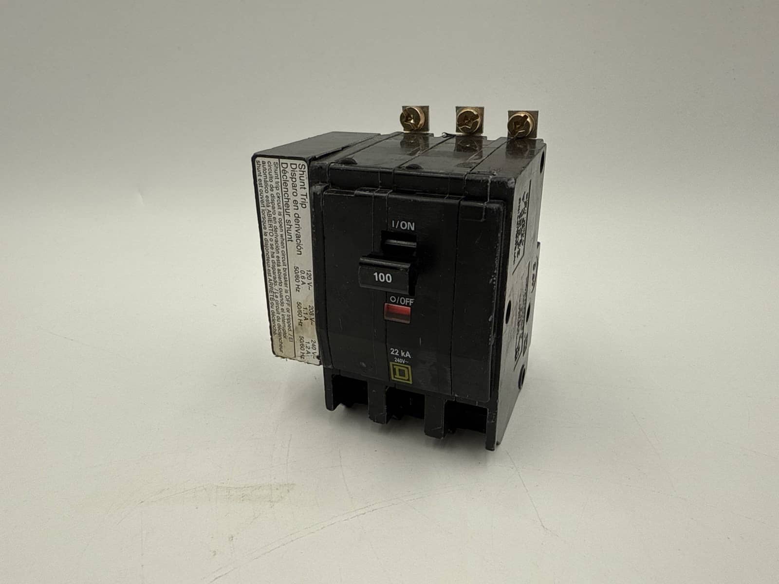 100 Amps, Square D #QOB3100VH1021, Circuit Breaker, 3-Pole, 240 Volts, Shunt Trip, 22kA, NEW