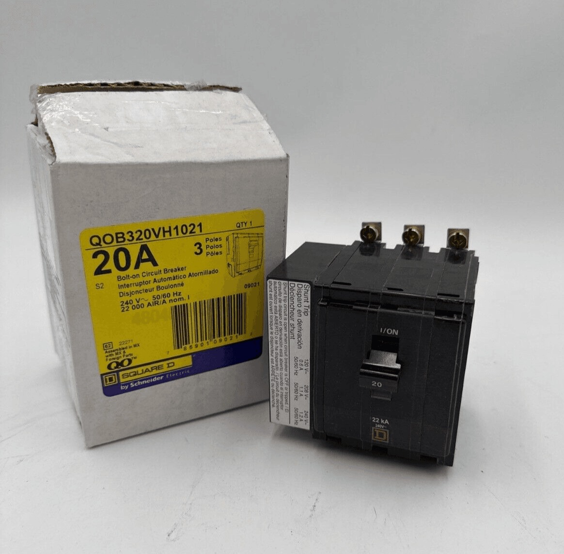 20 Amps, Square D #QOB320VH1021, Circuit Breaker, 3-Pole, 240 Volts, Shunt Trip, 22kA, Bolt-On, NEW