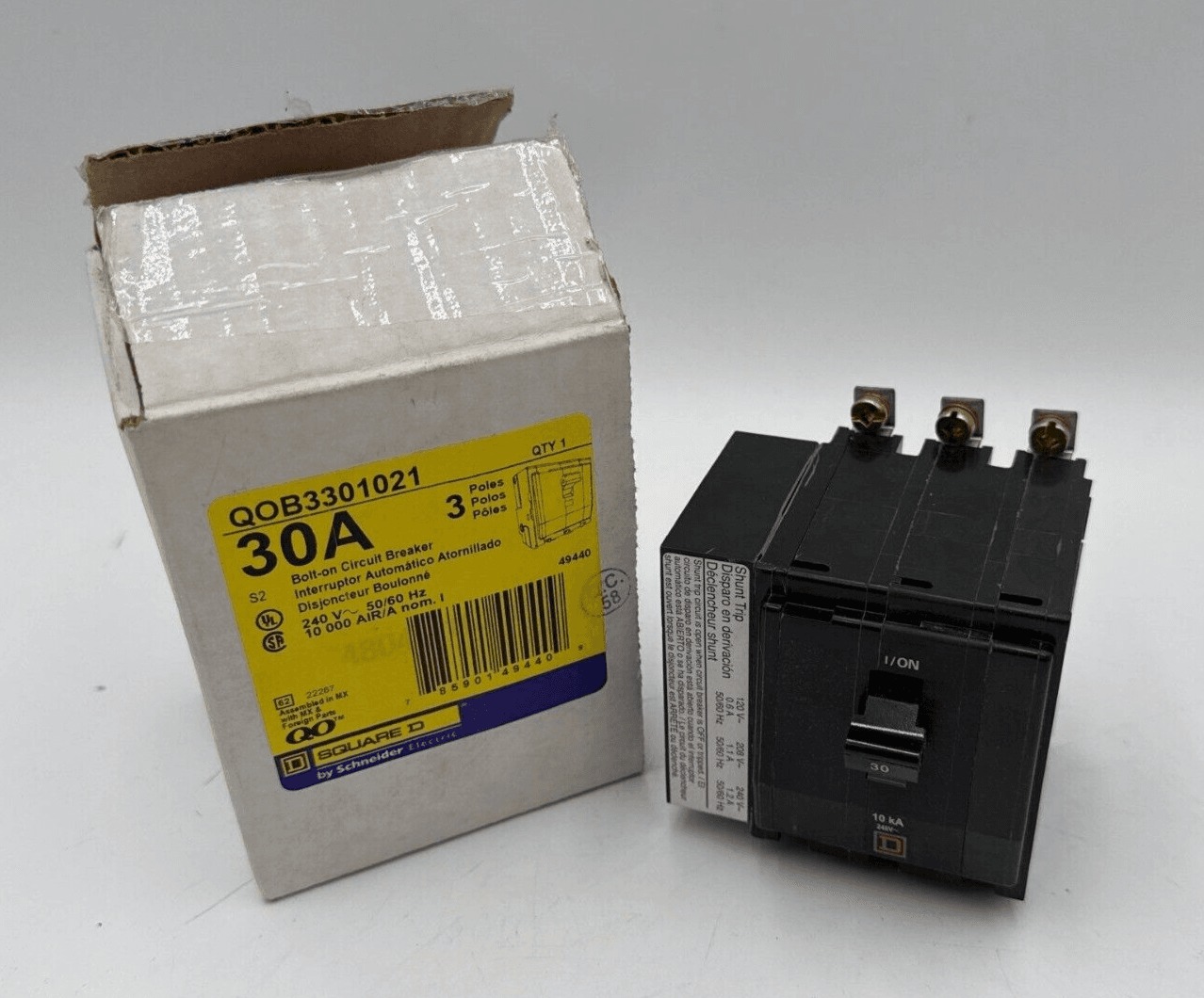 30 Amps, Square D #QOB3301021, Circuit Breaker, 3-Pole, 240 Volts, Shunt Trip, NEW