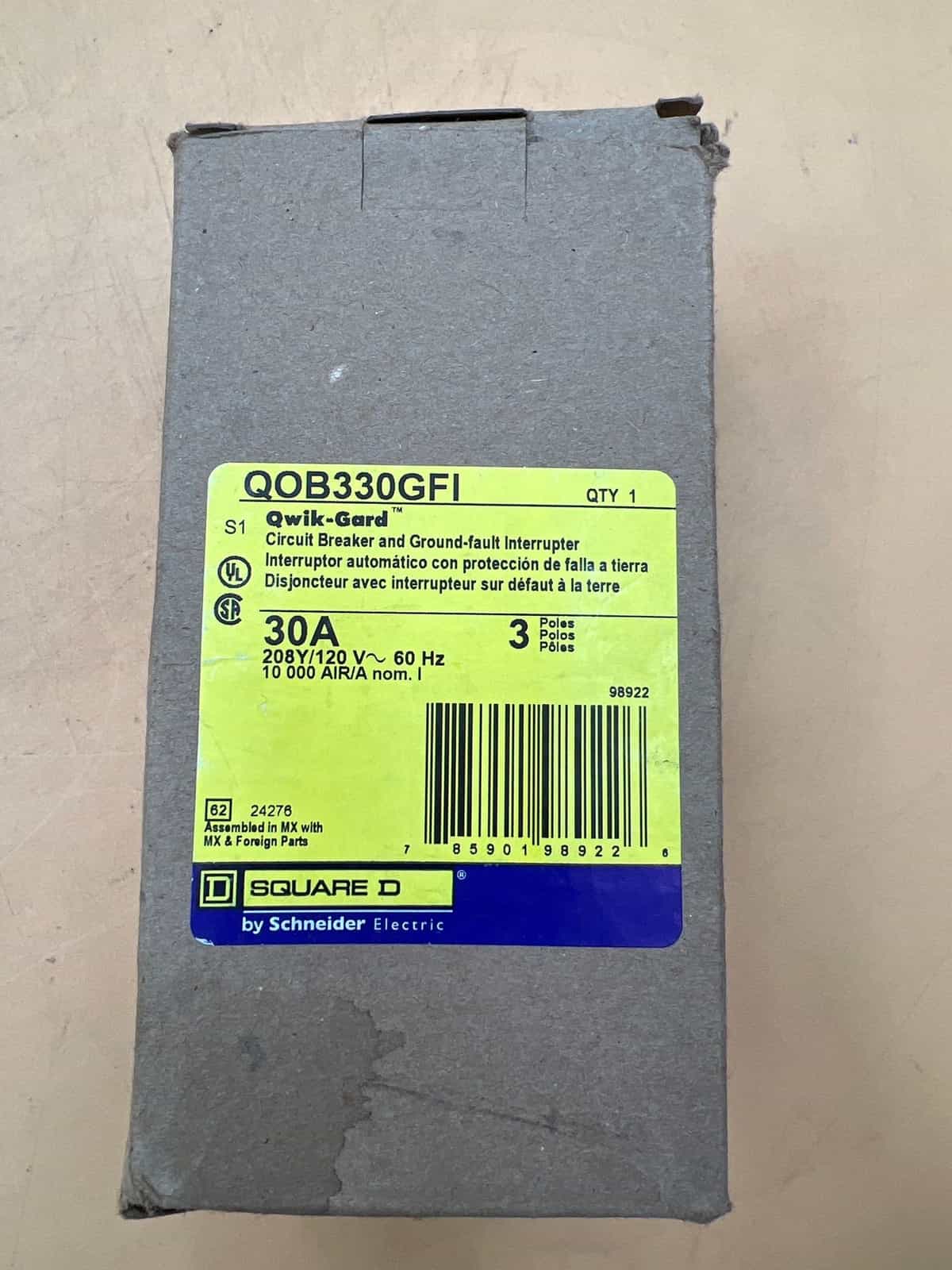 30 Amps, Square D #QOB330GFI, Circuit Breaker, 3-Pole, 208/120 Volts, NEW