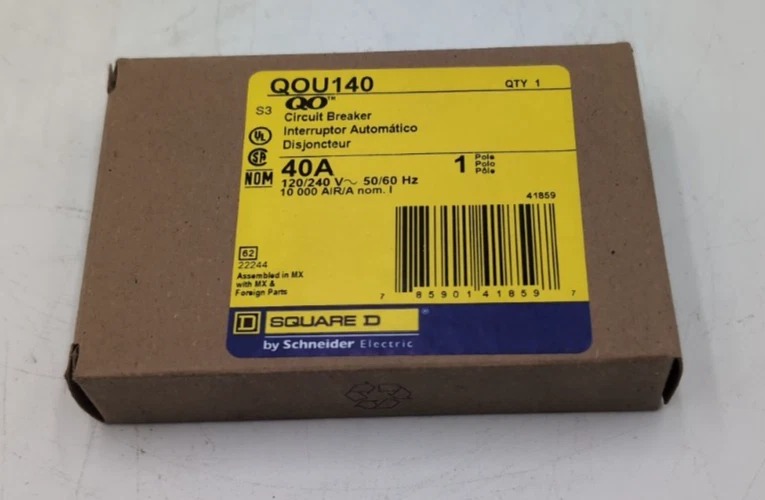 40 Amps, Square D #QOU140, Miniature Circuit Breaker, 1-Pole, 240 Volts, 10kA, NEW