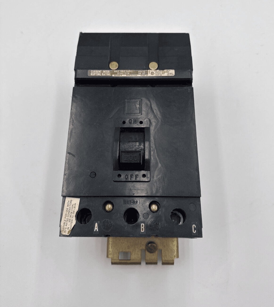 200 Amps, Square D #Q232200H, I-Line Circuit Breaker, 3-Pole, 240 Volts, 22kA