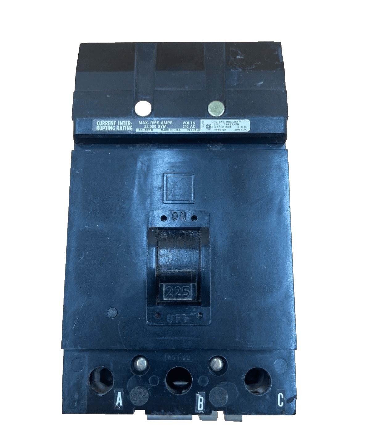 225 Amps, Square D #Q232225H, I-Line Circuit Breaker, 3-Pole, 240 Volts, 22kA