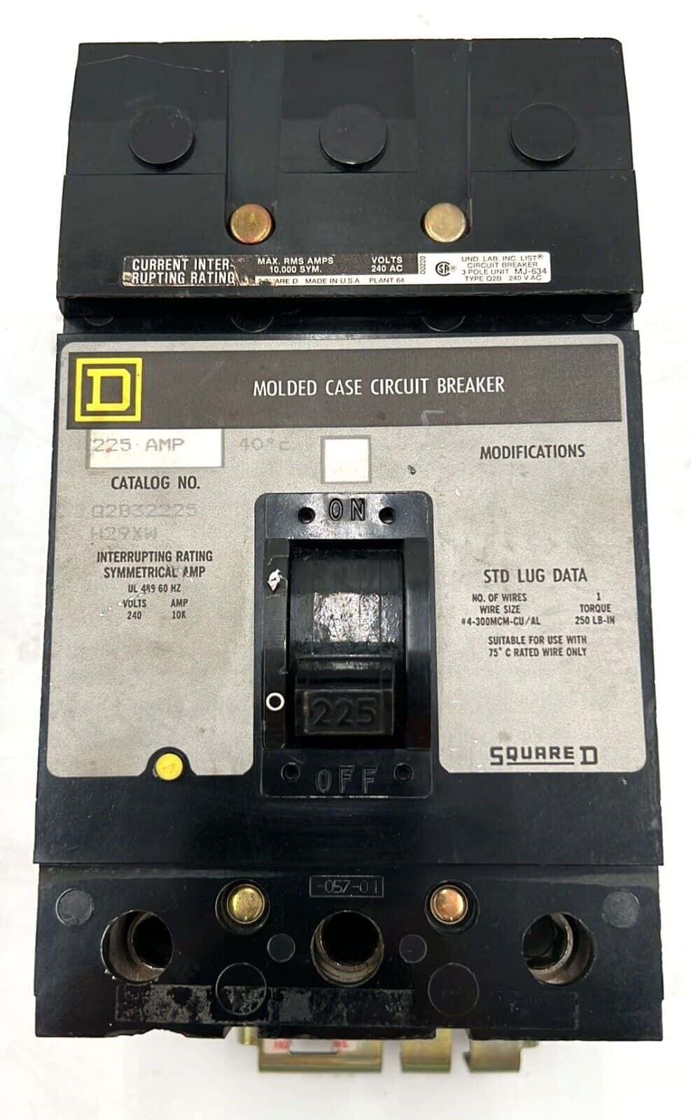 225 Amps, Square D #Q2B32225, I-Line Circuit Breaker, 3-Pole, 240 Volts