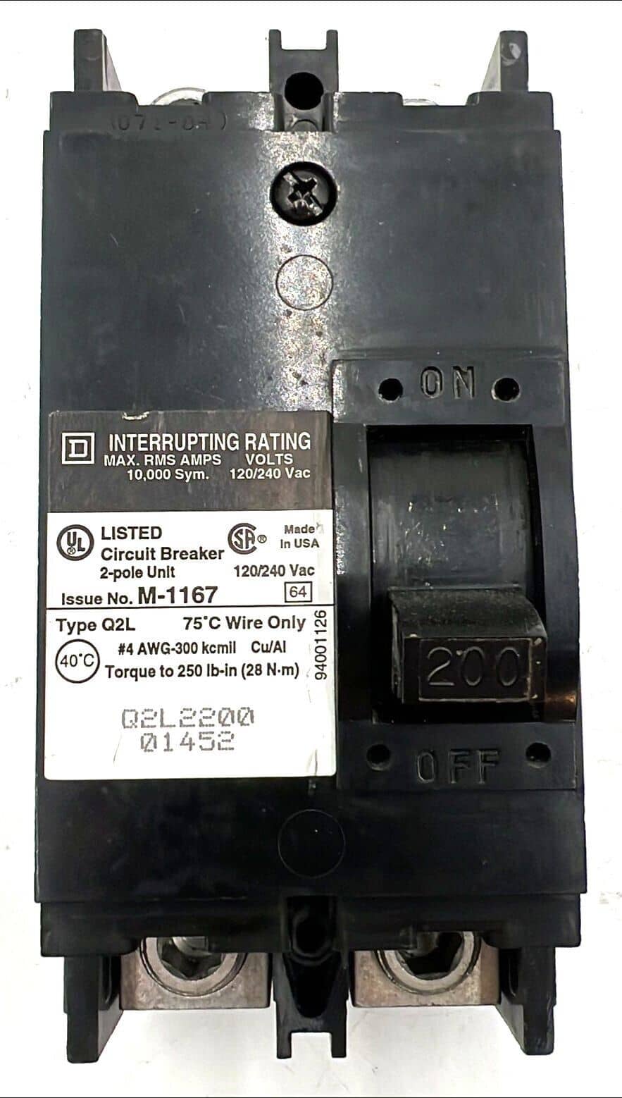 200 Amps, Square D #Q2L2200, Circuit Breaker, 2-Pole, 240 Volts, Bolt-On
