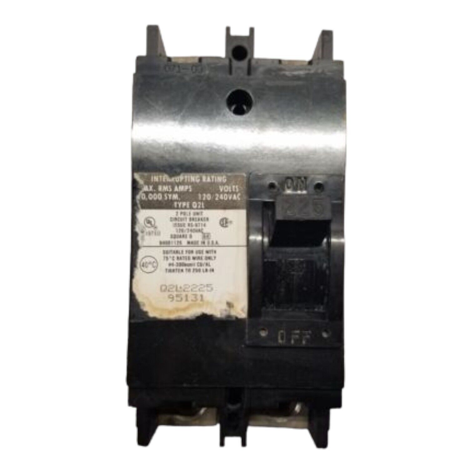 225 Amps, Square D #Q2L2225, Circuit Breaker, 2-Pole, 240 Volts, Bolt-On