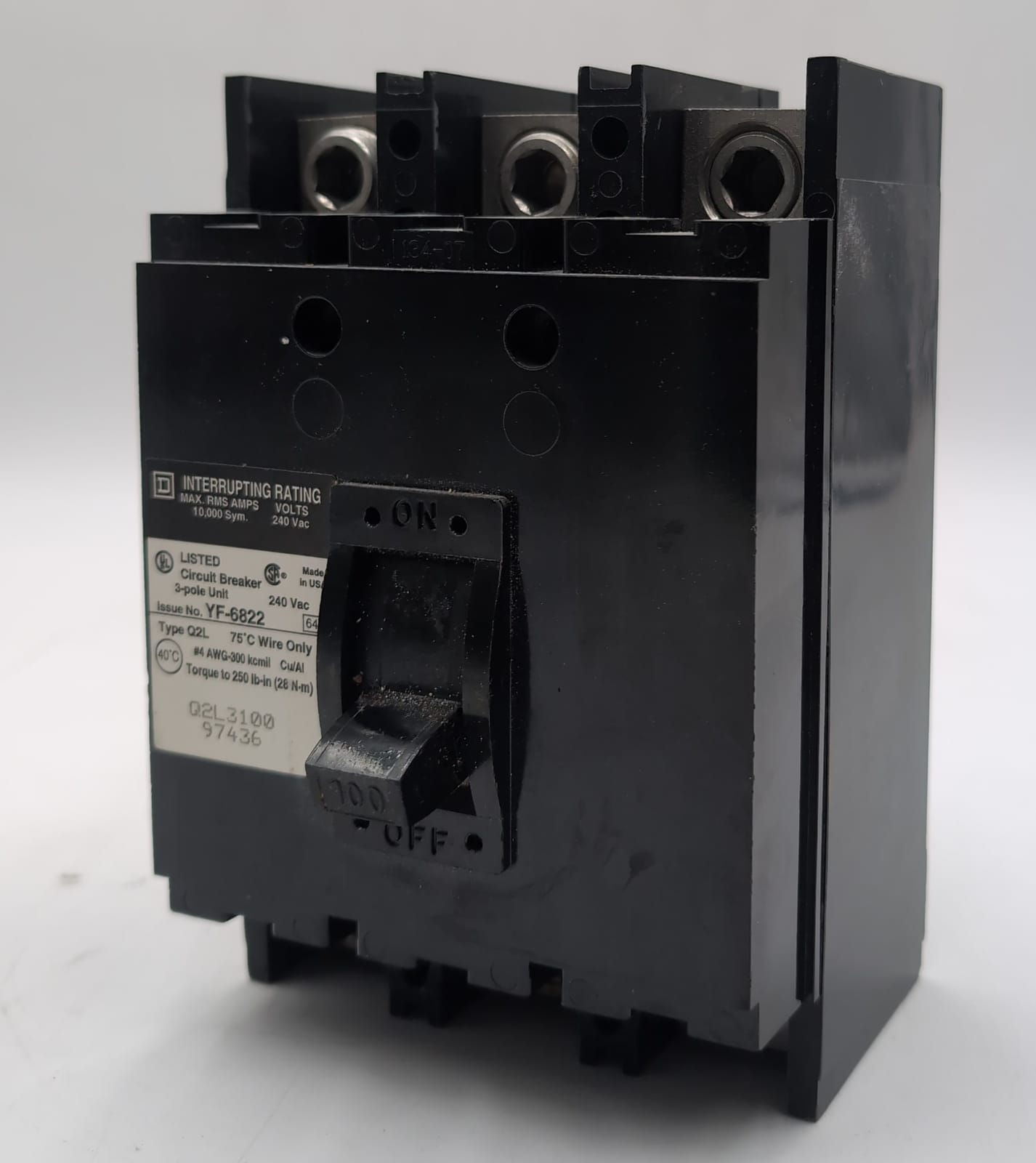 100 Amps, Square D #Q2L3100, Circuit Breaker, 3-Pole, 240 Volts, 10kA