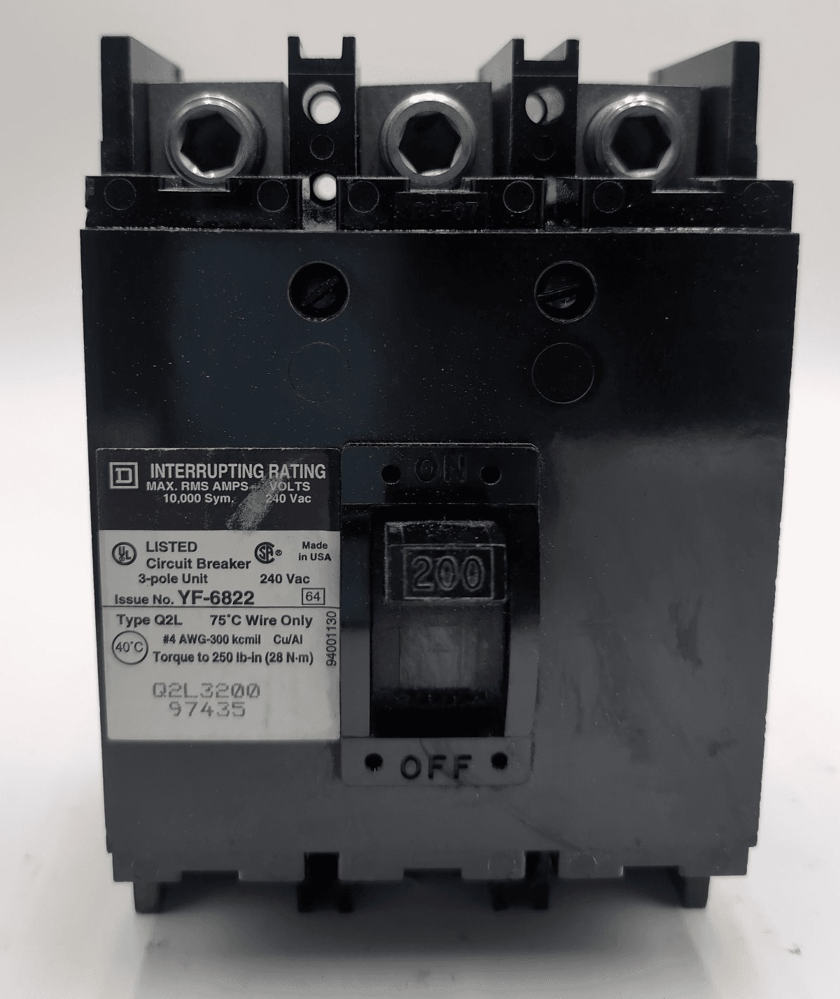 200 Amps, Square D #Q2L3200, Circuit Breaker, 3-Pole, 240 Volts