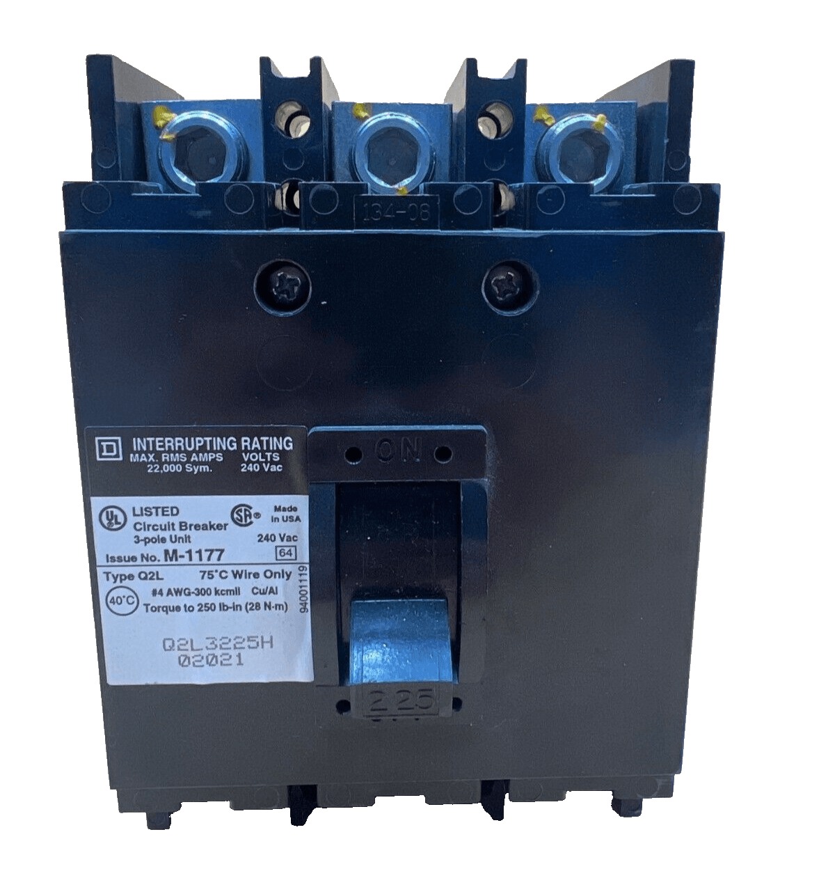 225 Amps, Square D #Q2L3225H, Circuit Breaker, 3-Pole, 240 Volts, Lug to Lug