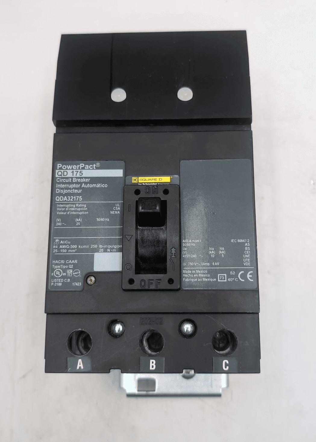 175 Amps, Square D #QDA32175, Circuit Breaker, 3-Pole, 240 Volts
