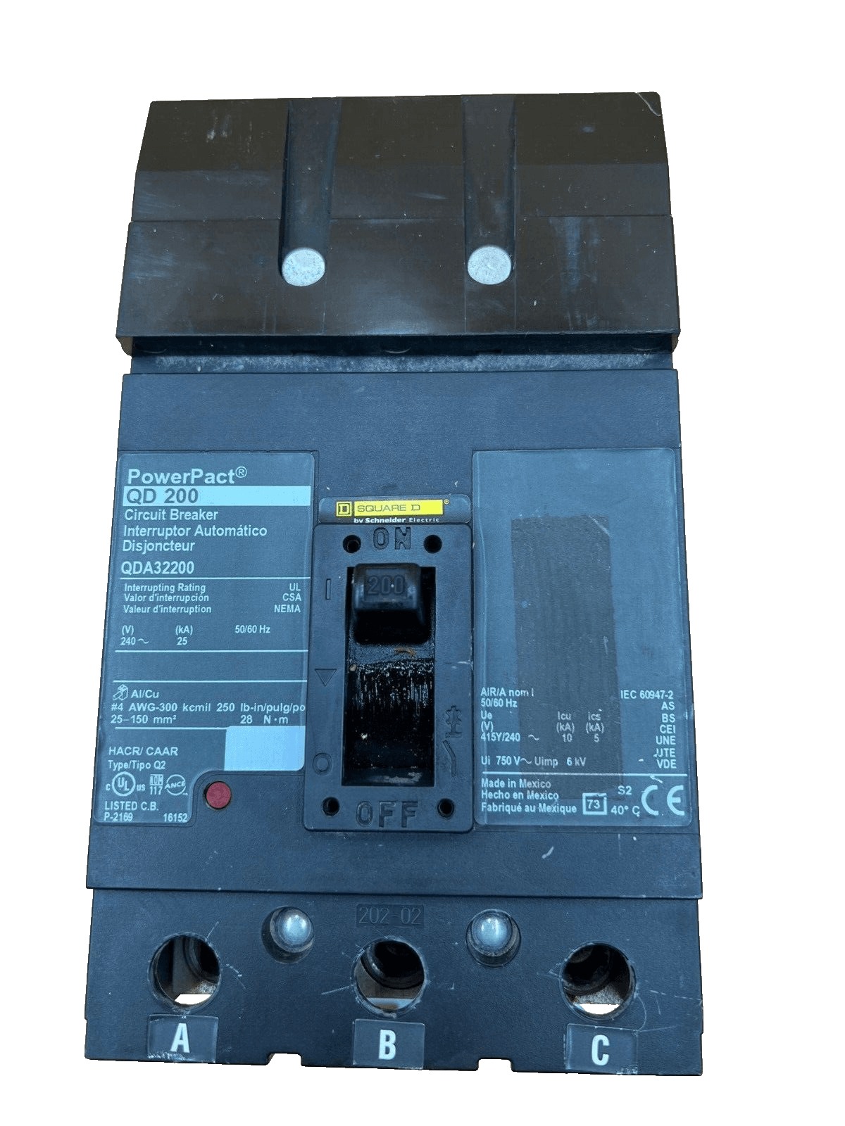 200 Amps, Square D #QDA32200, I-Line Circuit Breaker, 3-Pole, 240 Volts