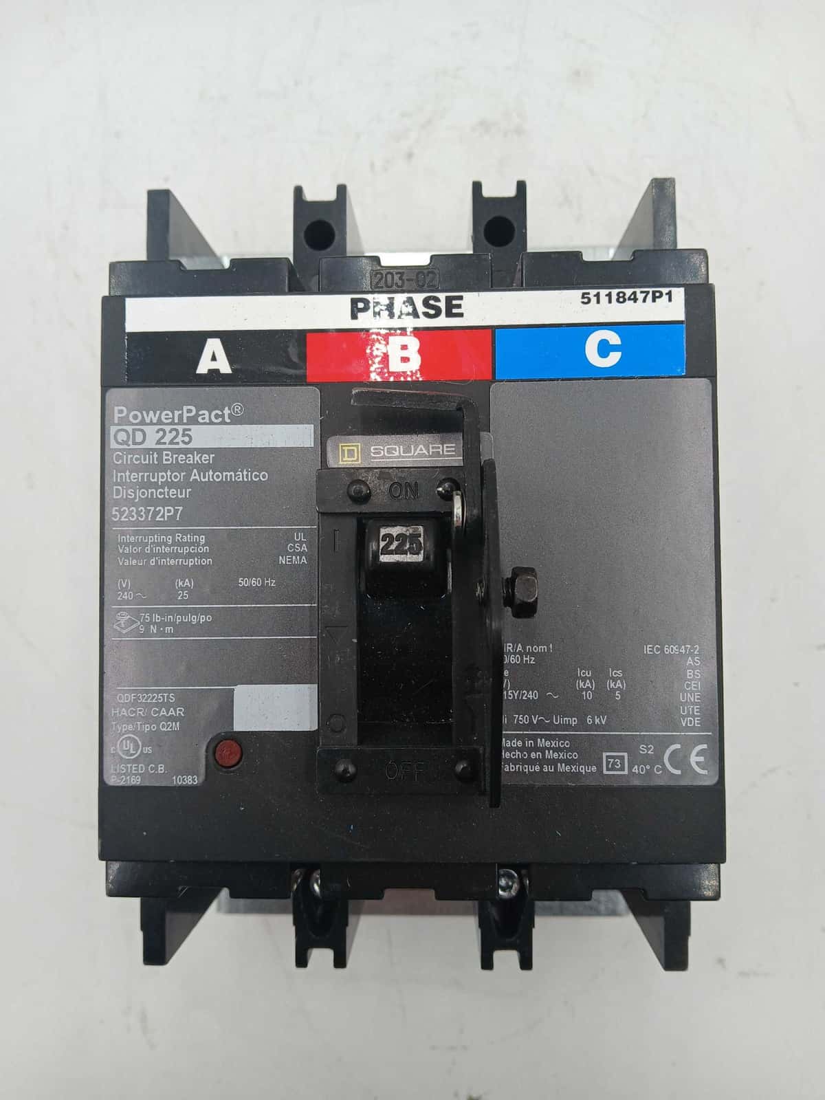 225 Amps, Square D #QDF32225TS, Circuit Breaker, 3-Pole, 240 Volts
