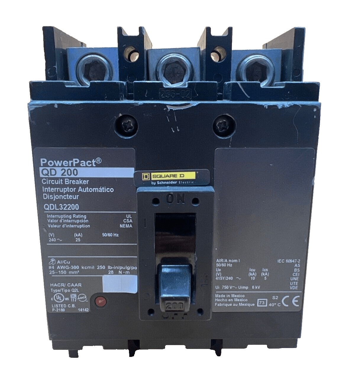 200 Amps, Square D #QDL32200, Circuit Breaker, 3-Pole, 240 Volts, Bolt-On