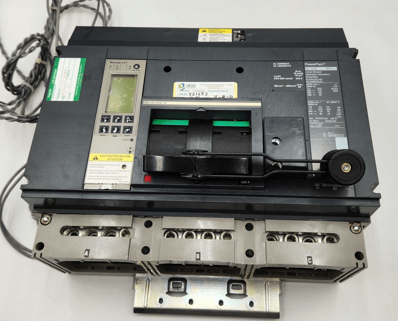 1200 Amps, Square D #RLA36120CU63AE1AABCSAJK, I-Line Circuit Breaker, 3-Pole, 600 Volts