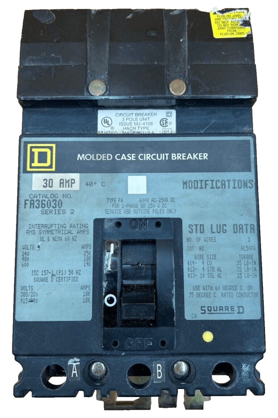 30 Amps, Square D #SQD-FA36030, I-Line Circuit Breaker, 3-Pole, 600 Volts