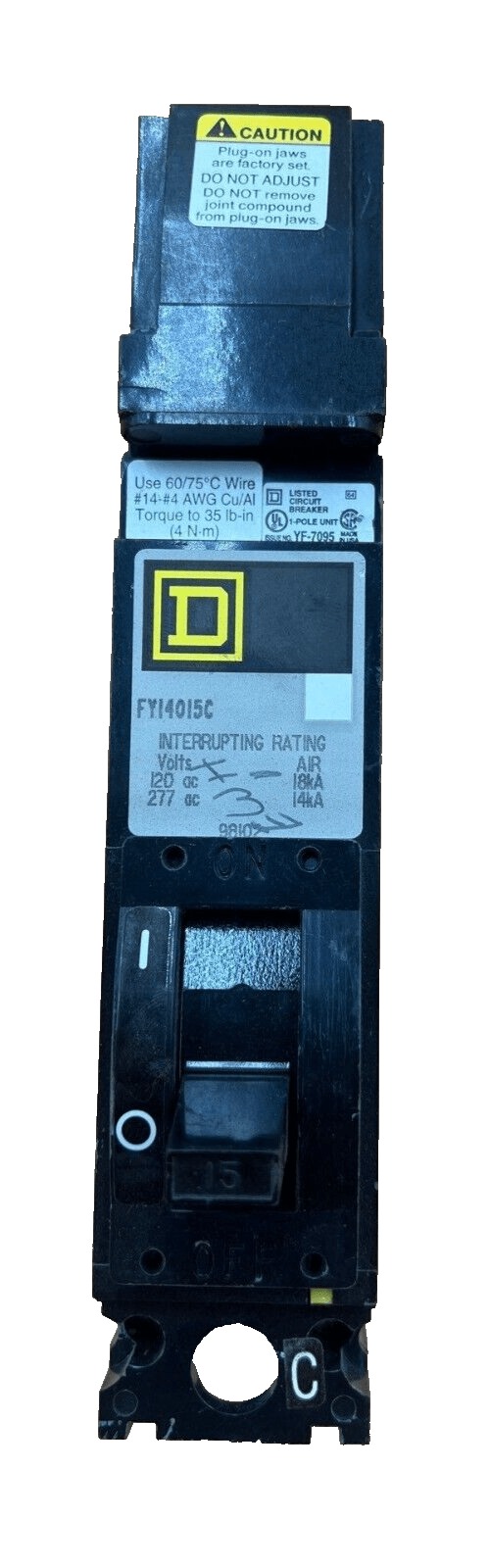 15 Amps, Square D #SQD-FY14015C, I-Line Circuit Breaker, 1-Pole, 277 Volts