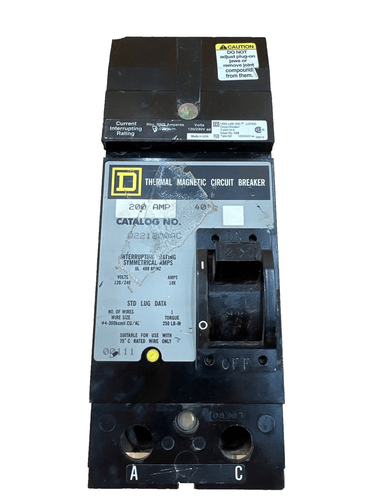 200 Amps, Square D #SQD-Q221200AC, Circuit Breaker, 2-Pole, 240 Volts