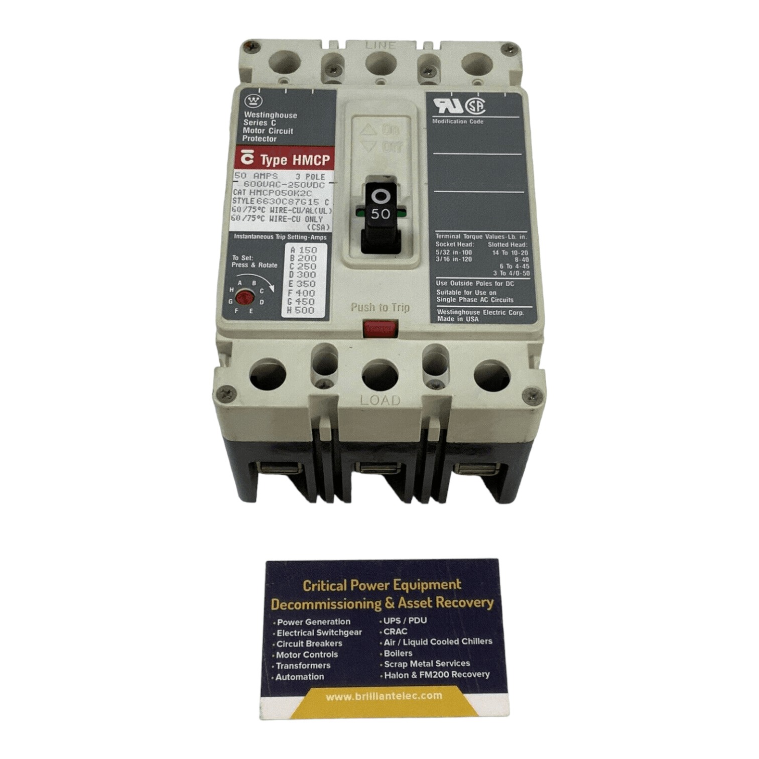 50 Amps, Westinghouse #HMCP050K2C, Motor Circuit Protector, 3-Pole, 600 Volts, Bolt-On