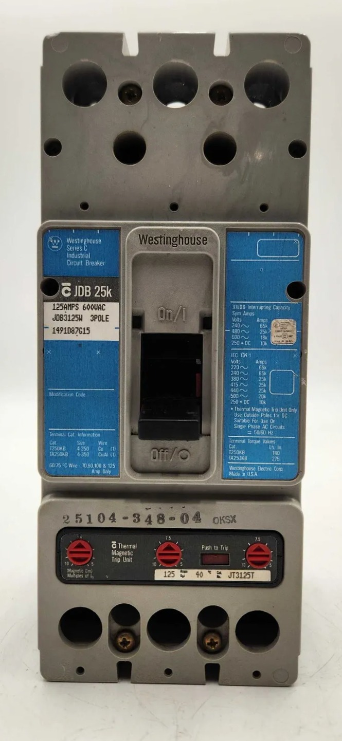 125 Amps, Westinghouse #JDB3125, Circuit Breaker, 3-Pole, 600 Volts