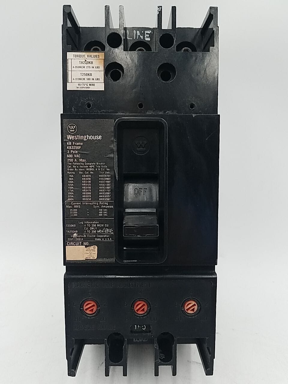 250 Amps, Westinghouse #KB3250F, Circuit Breaker, 3-Pole, 600 Volts, Bolt-On