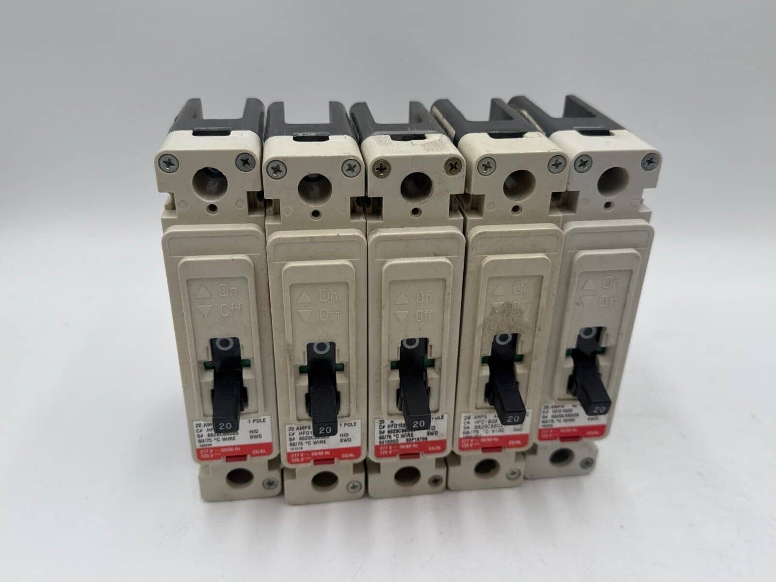20 Amps, Eaton #HFD1020, Circuit Breaker, 1-Pole, 277 Volts, LOT of 5