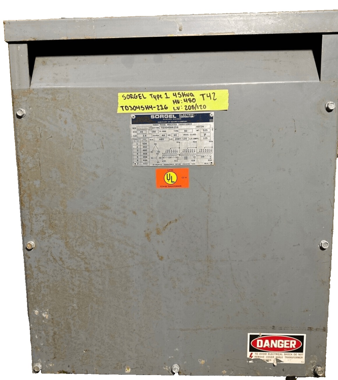Transformador tipo seco de 45 KVA, primario 480, secundario 208/120, Sorgel #TD3045H4-216, 3 fases, NEMA 1