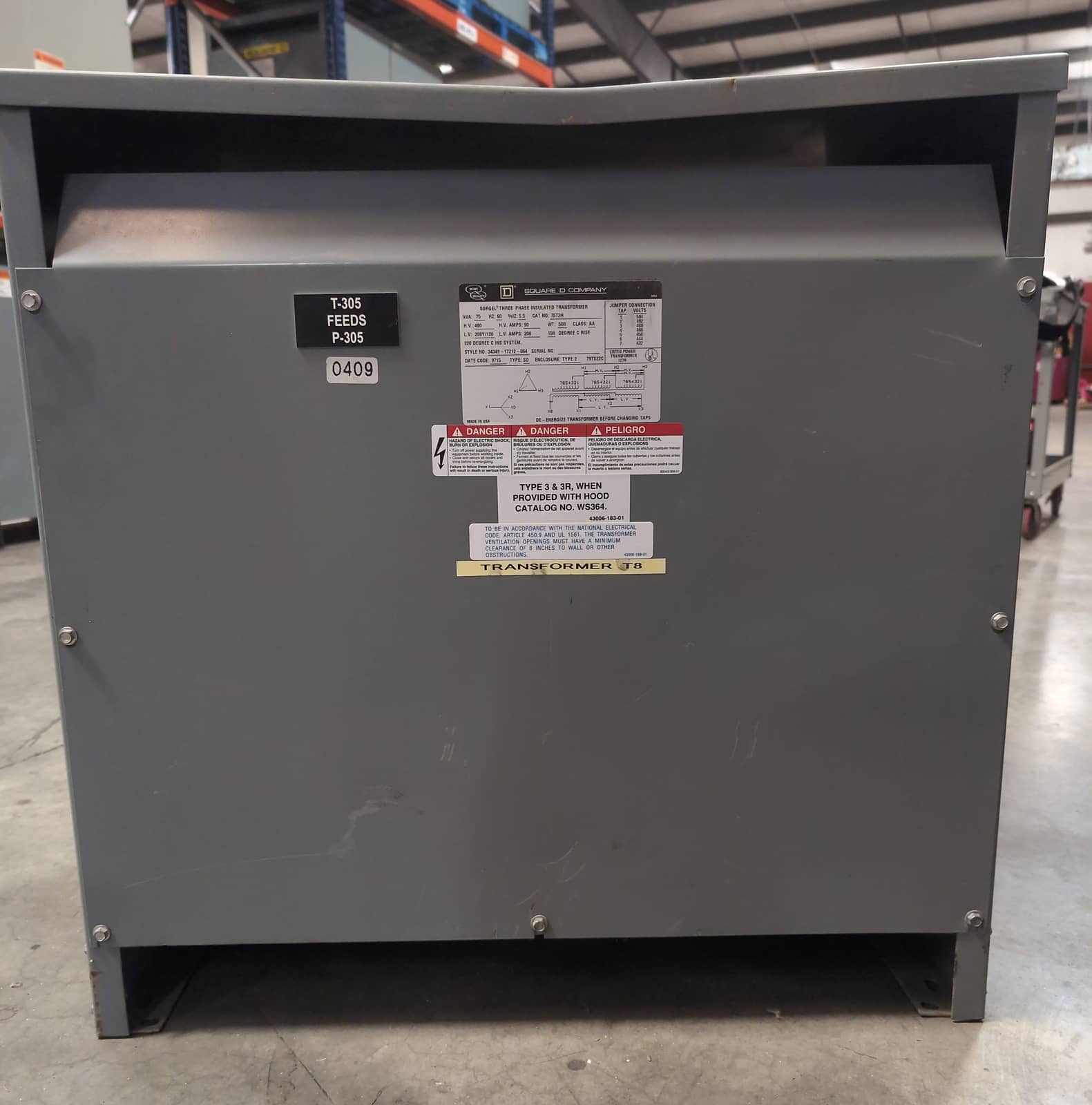 Transformador tipo seco de 75 KVA, primario 480, secundario 208Y/120, Square D #75T3H, 3 fases, interior (4 disponibles)