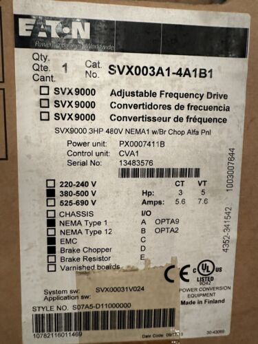 3 HP Cutler-Hammer #SVX003A1-4A1B1, SVX9000, 480 Volts, NEMA 1 w/Br Chop Alfa Pnl Power unit: PX0007411B